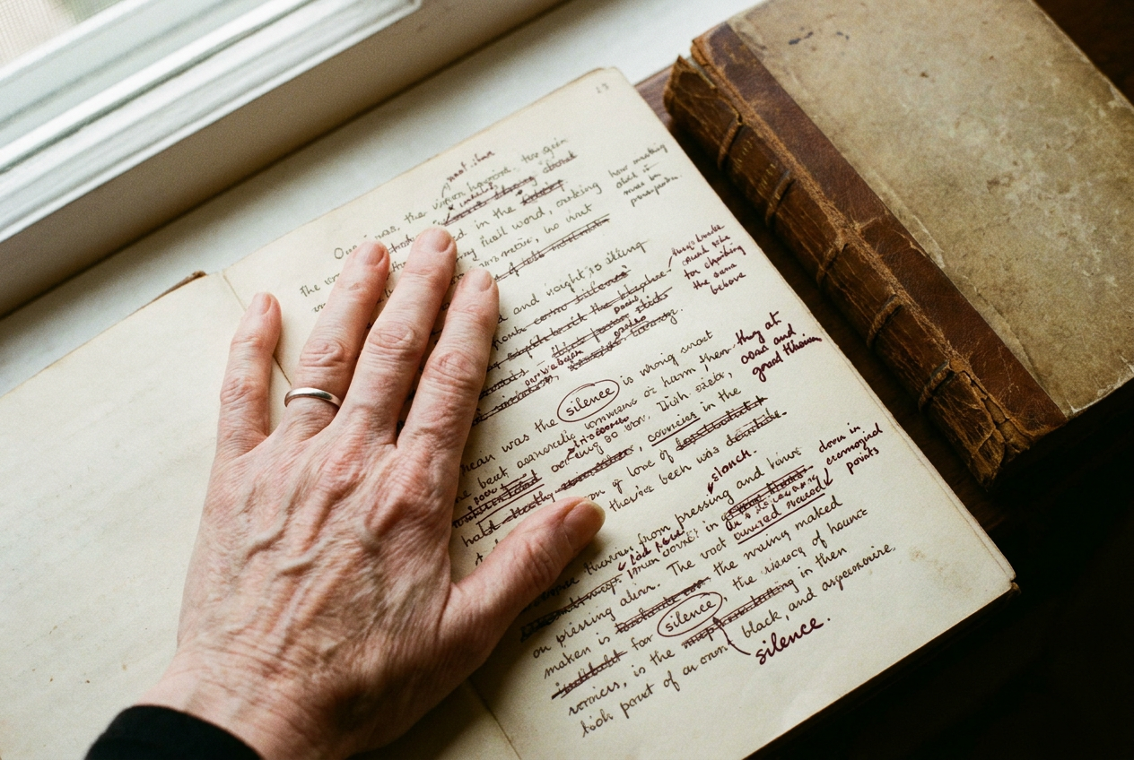 A hand on a manuscript page, mid-revision.